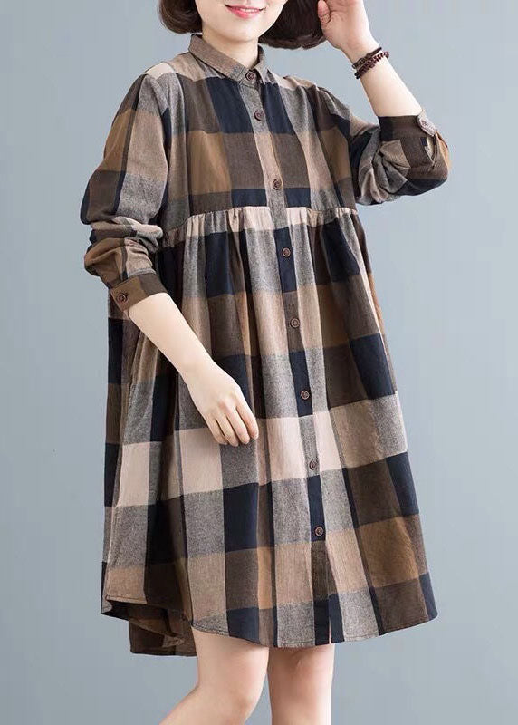 Classy Colorblock Peter Pan Collar Plaid Cotton Shirts Dress Spring LY0634