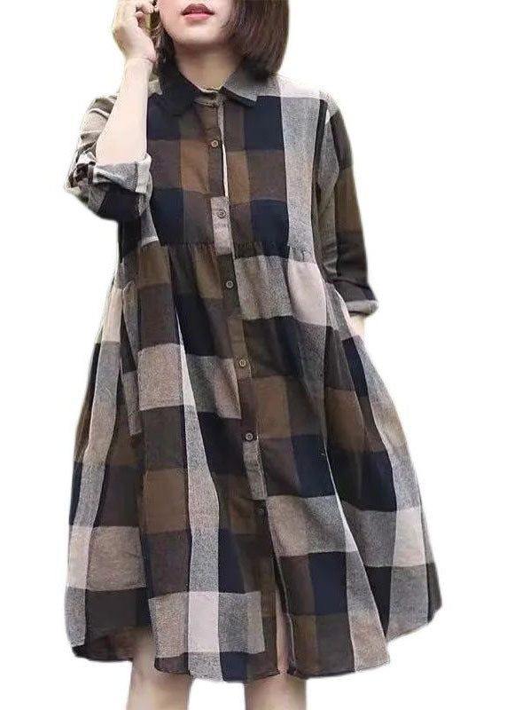 Classy Colorblock Peter Pan Collar Plaid Cotton Shirts Dress Spring LY0634