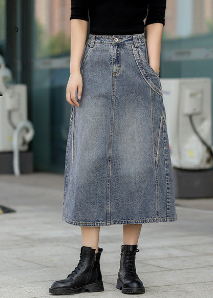 Classy Denim Blue Patchwork Elastic Waist A Line Skirt TY1005