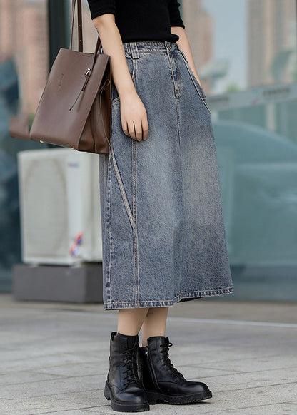 Classy Denim Blue Patchwork Elastic Waist A Line Skirt TY1005