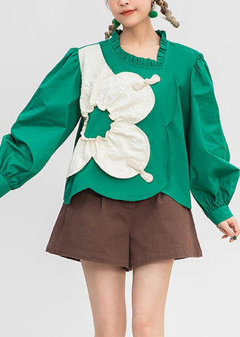 Classy Green O-Neck Patchwork Cotton Shirt Spring LY0809