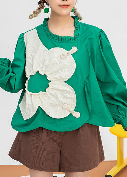 Classy Green O-Neck Patchwork Cotton Shirt Spring LY0809