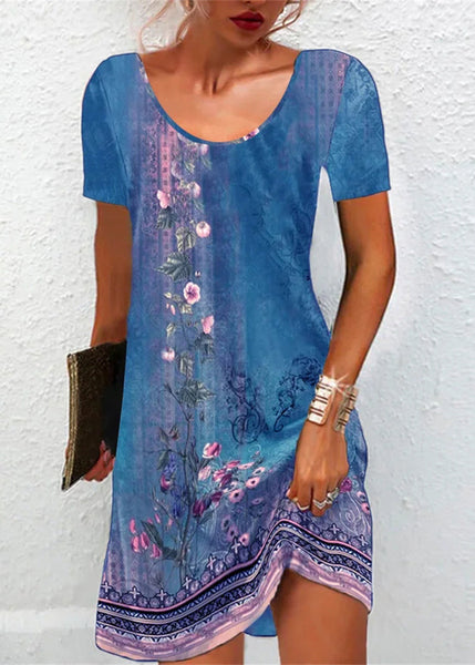 Classy Green O-Neck Print Mid Dress Short Sleeve LY1967