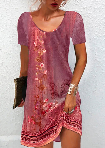 Classy Green O-Neck Print Mid Dress Short Sleeve LY1967