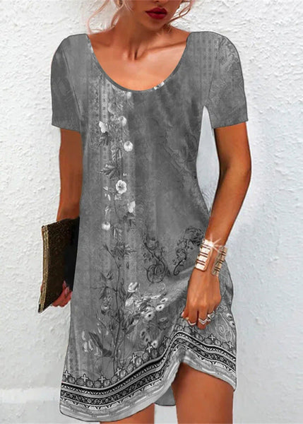 Classy Green O-Neck Print Mid Dress Short Sleeve LY1967