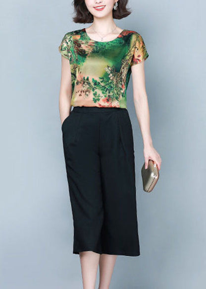 Classy Green O-Neck Print Tops And Pants Two Piece Suit Set Summer LY0477