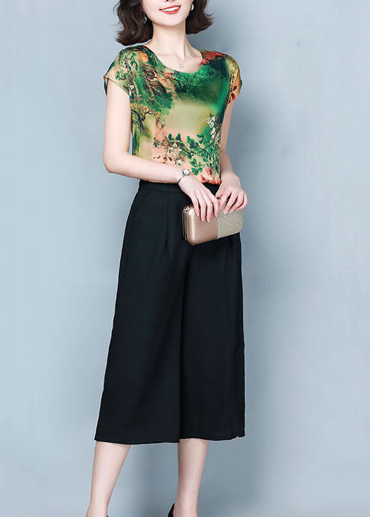 Classy Green O-Neck Print Tops And Pants Two Piece Suit Set Summer LY0477