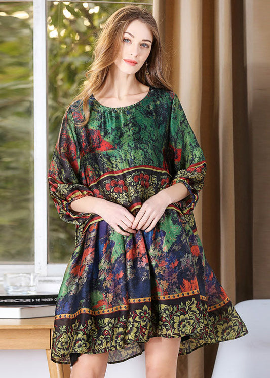 Classy Green Oversized Tie Dye Silk Mid Dress Lantern Sleeve LY0316