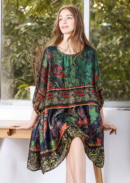 Classy Green Oversized Tie Dye Silk Mid Dress Lantern Sleeve LY0316