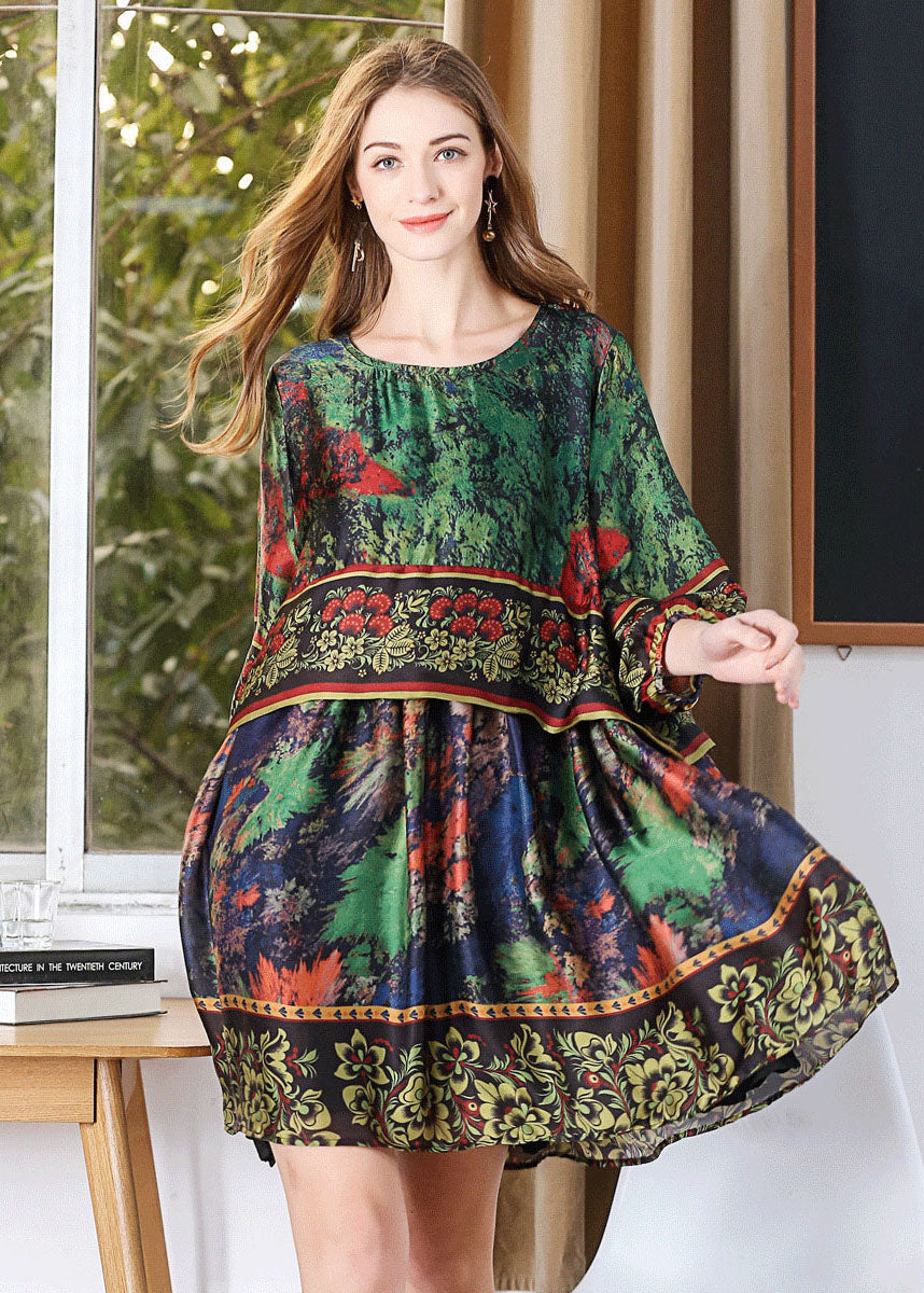 Classy Green Oversized Tie Dye Silk Mid Dress Lantern Sleeve LY0316