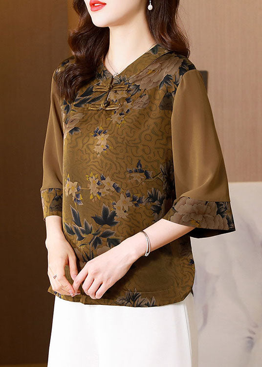 Classy Khaki Stand Collar Print Patchwork Silk Top Half sleeve LY0468