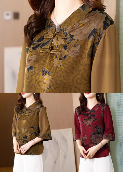 Classy Khaki Stand Collar Print Patchwork Silk Top Half sleeve LY0468