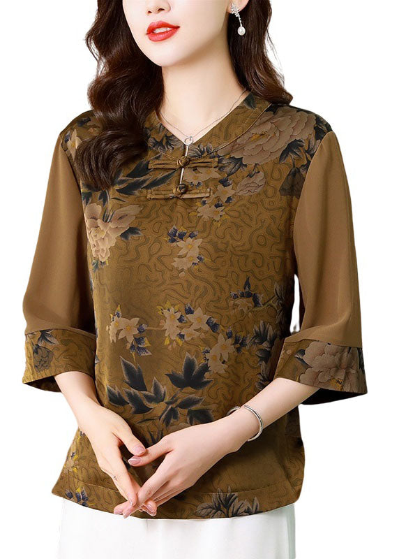 Classy Khaki Stand Collar Print Patchwork Silk Top Half sleeve LY0468