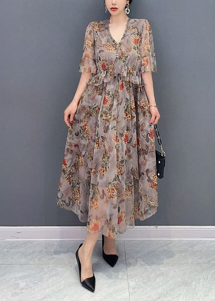 Classy Khaki V Neck Ruffles Print Chiffon Beach Dress Summer LY1576