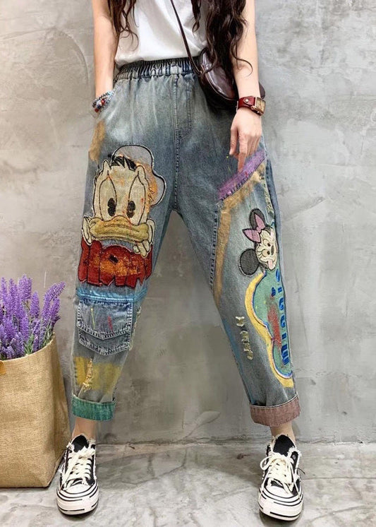 Classy Light Blue Print Patchwork Crop Jeans Summer TY1033