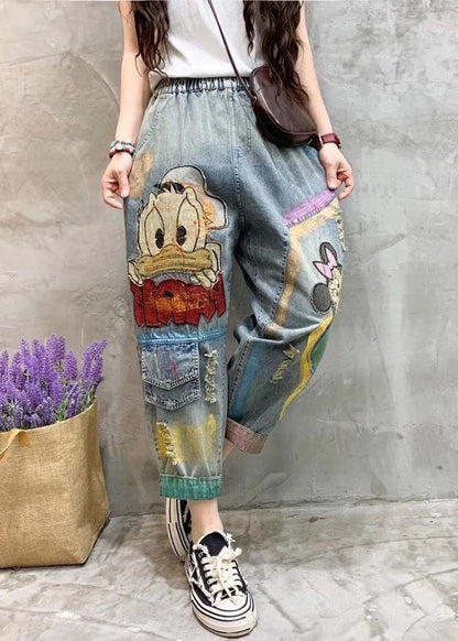 Classy Light Blue Print Patchwork Crop Jeans Summer TY1033