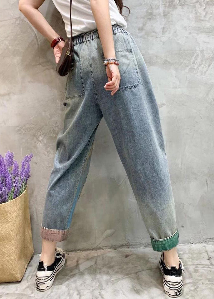 Classy Light Blue Print Patchwork Crop Jeans Summer TY1033