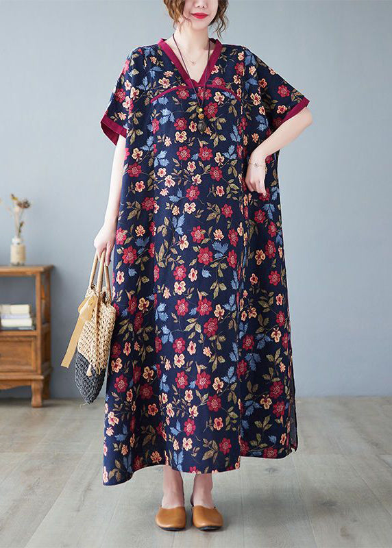 Classy Mulberry V Neck Print Cotton Long Dresses Summer LY0889