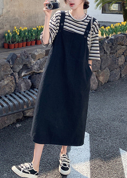 Classy O-Neck Striped Patchwork T Shirt And Long Dress Two Piece Set Summer TQ1014