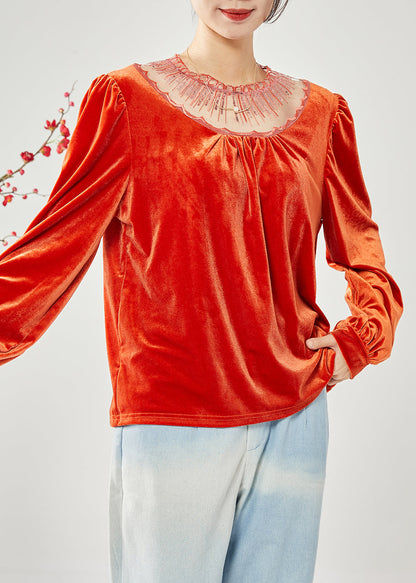 Classy Orange Hollow Out Patchwork Sequins Silk Velour Shirt Tops Spring LY1816