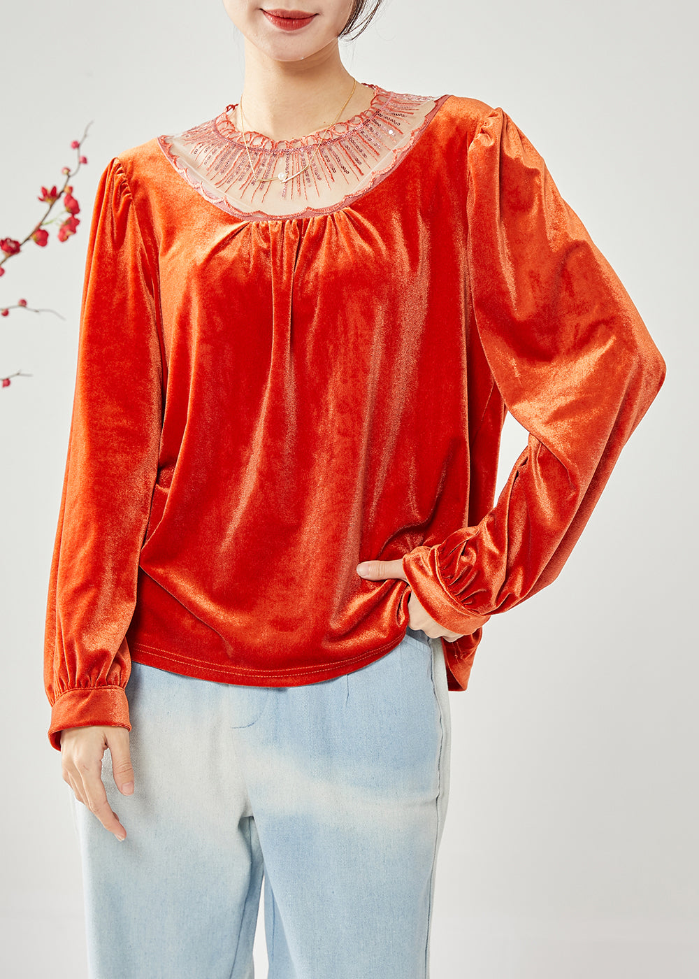 Classy Orange Hollow Out Patchwork Sequins Silk Velour Shirt Tops Spring LY1816