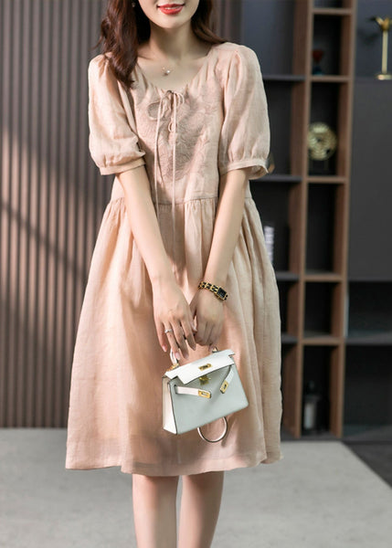 Classy Pink O-Neck Embroideried Solid Linen Maxi Dresses Summer LY1753