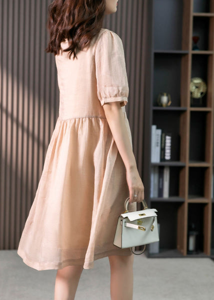 Classy Pink O-Neck Embroideried Solid Linen Maxi Dresses Summer LY1753