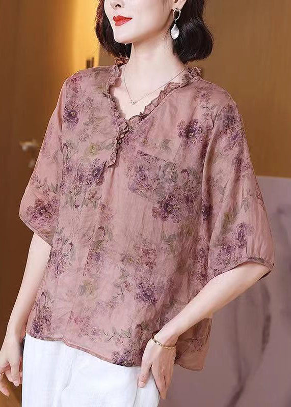 Classy Pink V Neck Ruffled Print Patchwork Linen Shirt Top Summer TP1053