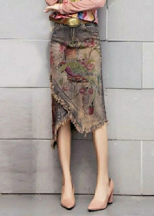 Classy Print Sashes Asymmetrical Denim Skirts TY1049