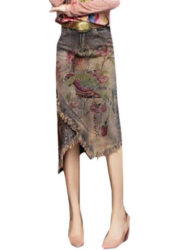 Classy Print Sashes Asymmetrical Denim Skirts TY1049