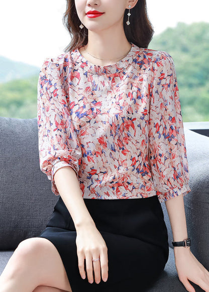 Classy Red O-Neck Print Chiffon Shirt Tops Half Sleeve LY0452