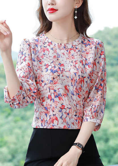 Classy Red O-Neck Print Chiffon Shirt Tops Half Sleeve LY0452