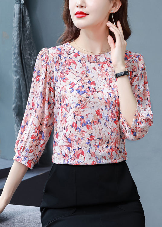 Classy Red O-Neck Print Chiffon Shirt Tops Half Sleeve LY0452