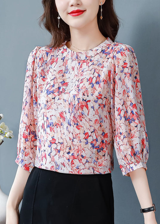 Classy Red O-Neck Print Chiffon Shirt Tops Half Sleeve LY0452