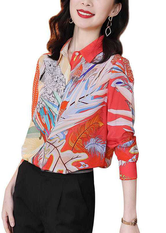 Classy Red Peter Pan Collar Print Button Silk Top Spring LY0385