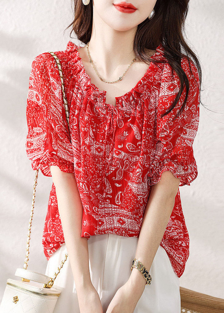 Classy Red Ruffled Print Patchwork Chiffon Shirts Top Summer TP1043