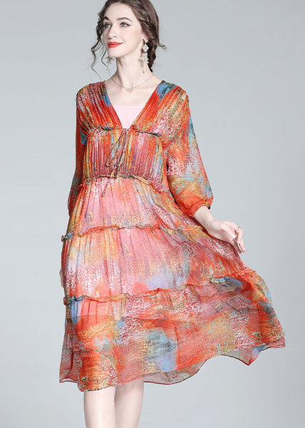 Robe d'été élégante rouge à col en V, ourlet cintré, patchwork et volants en soie LY0119