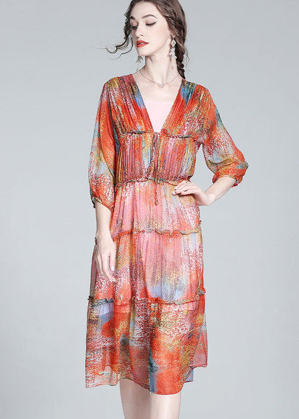 Robe d'été élégante rouge à col en V, ourlet cintré, patchwork et volants en soie LY0119