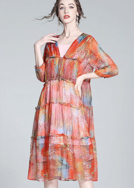 Robe d'été élégante rouge à col en V, ourlet cintré, patchwork et volants en soie LY0119