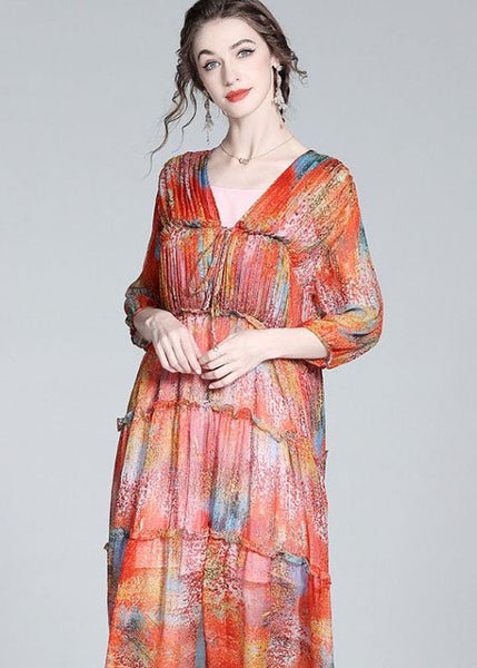 Robe d'été élégante rouge à col en V, ourlet cintré, patchwork et volants en soie LY0119