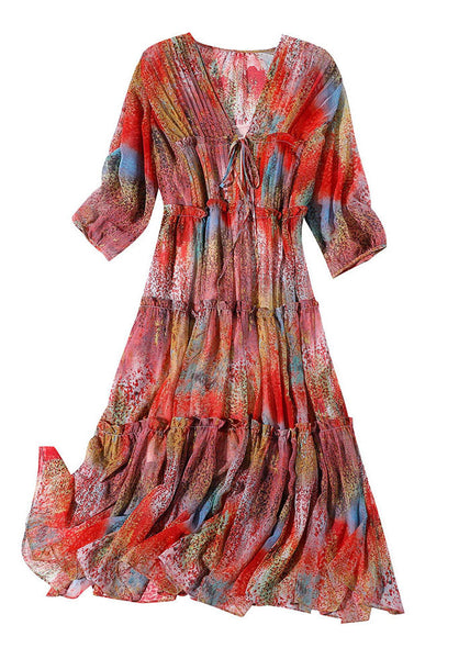 Robe d'été élégante rouge à col en V, ourlet cintré, patchwork et volants en soie LY0119