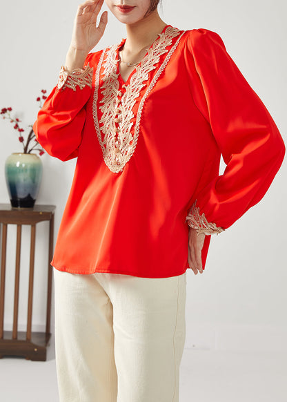 Classy Red V Neck Patchwork Draping Chiffon Tops Spring LY1114