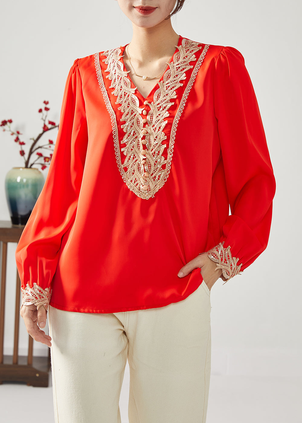 Classy Red V Neck Patchwork Draping Chiffon Tops Spring LC0384