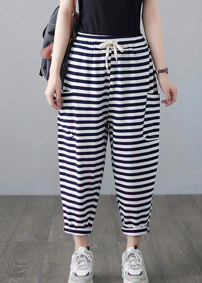 Classy Striped Embroideried Floral Drawstring Elastic Waist Draping Crop Pants Summer LY0664