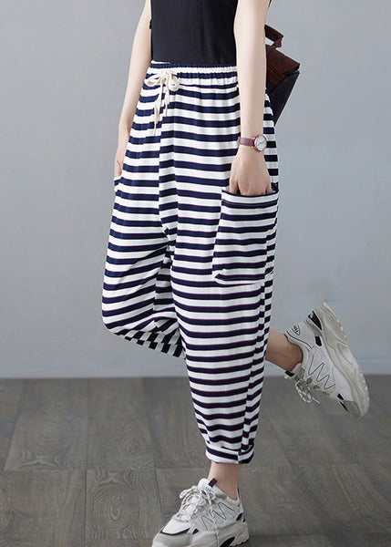 Classy Striped Embroideried Floral Drawstring Elastic Waist Draping Crop Pants AC2088