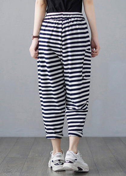 Classy Striped Embroideried Floral Drawstring Elastic Waist Draping Crop Pants Summer LY0664