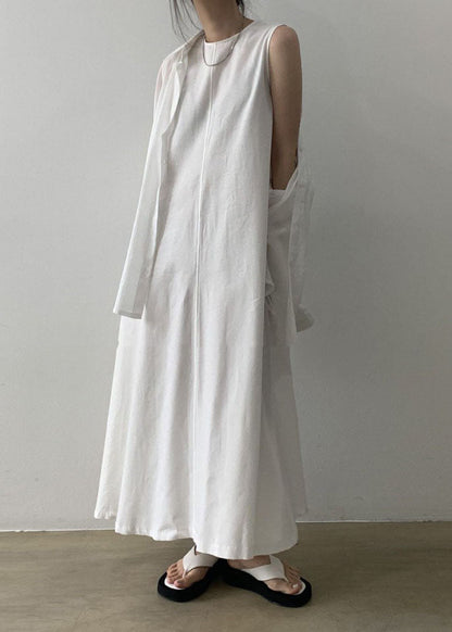 Classy White O Neck Patchwork Cotton Maxi Dresses Sleeveless LY1367