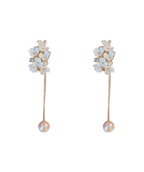 Classy White Overgild Zircon Pearl Floral Tassle Drop Earrings TW1012