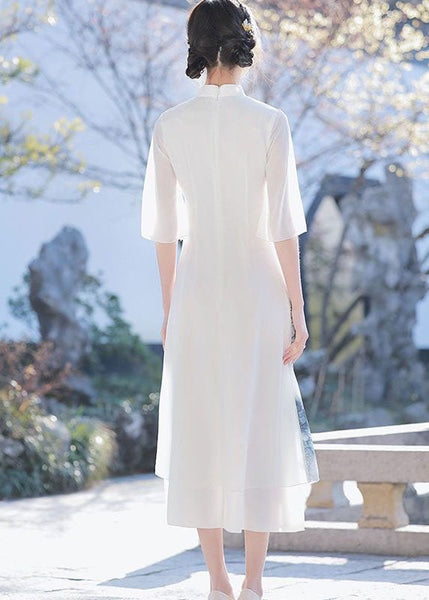 Classy White Stand Collar Tasseled Patchwork Print Chiffon Dress Summer LY1702