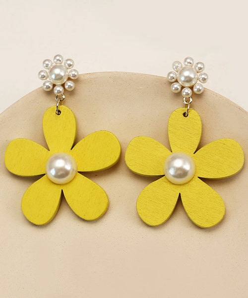 Classy Yellow Daisy Floral Pearl Drop Earrings LY1806